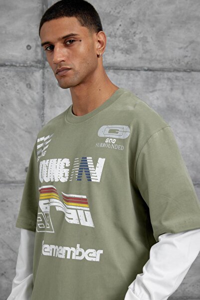 NOMARC Πράσινο φούτερ Remember με τύπωμα Oversize με μονόχρωμο μανίκι