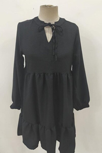 Mossta Collar Tie-Up Long Sleeve Linen Dress - Black
