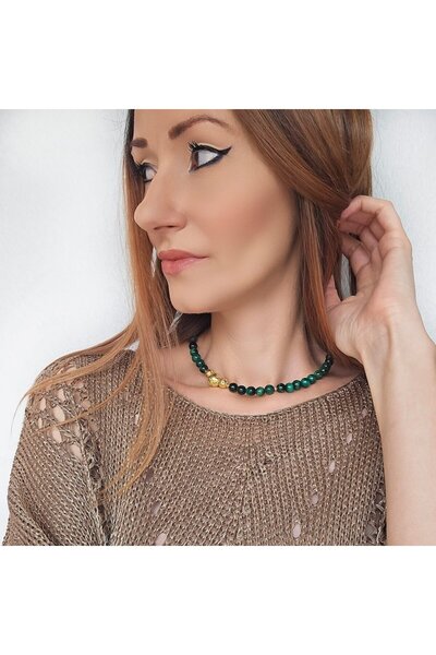 Lexy's Boutique Colier handmade, din argint placat cu aur 24k, Lexy's Boutique, cu ochi de tigru si lava, max. 44 cm