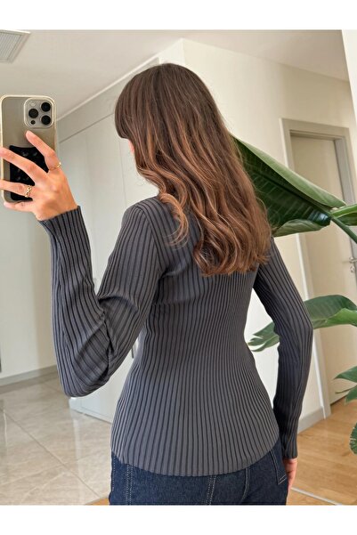 My Blog Anthracite Buttoned Ribbed Cardigan