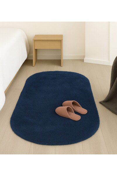 Frt Export Oval Kalın Tüylü Peluş Kaymaz Taban Halı Kilim Yolluk Lacivert