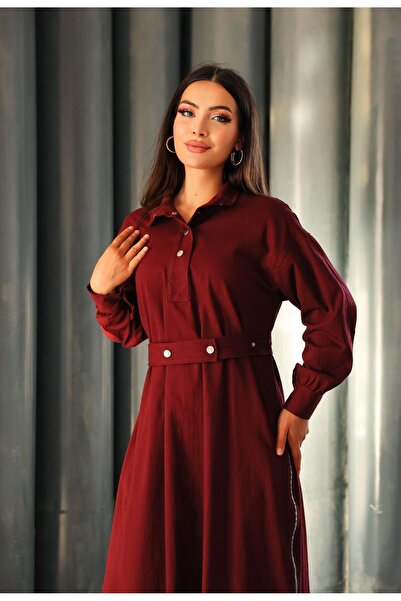 Dadali Fisherman Collar Slit Dress Burgundy