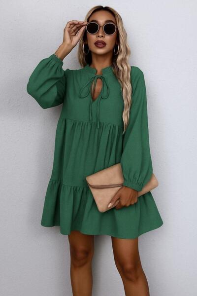 Mossta Collar Tie-Up Long Sleeve Linen Dress - Green