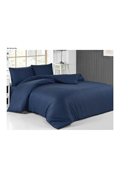 HAPPY COTTON طقم غطاء لحاف مزدوج فاخر مخطط من القطن الساتان