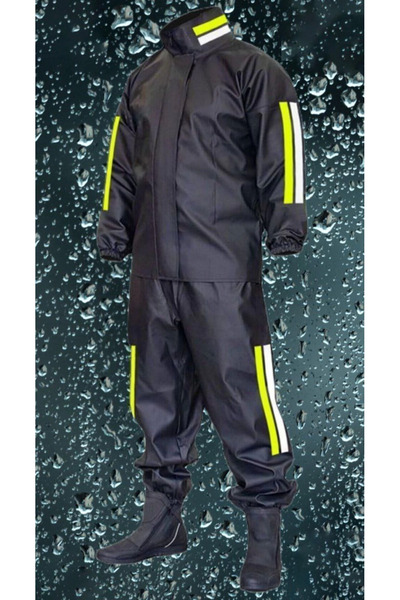 velmorafashion Premium Biker Courier Raincoat Suit Waterproof Pvc Fabric Reflective Tübi̇tak Approved - Black -Vlmr