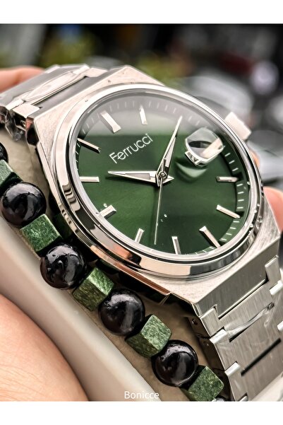 Ferrucci Men's Wristwatch, with Calendar, Green Silver Steel Band, with Bracelet Gift