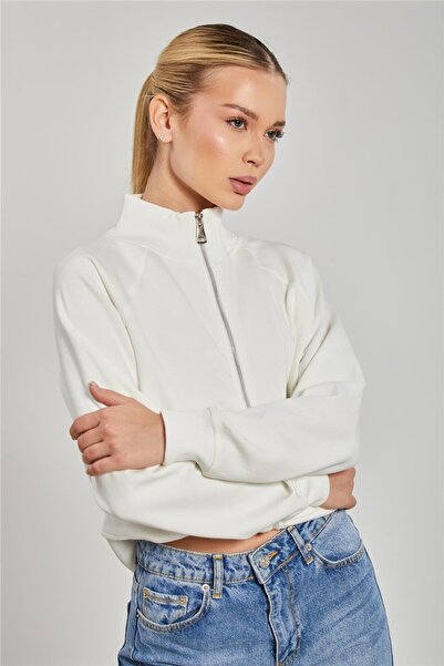 BARRELS AND OIL guler ridicat Hanorac cu fermoar - Ecru