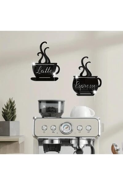 Slasa Two Black Acrylic Wall Stickers, Latte and Espresso Coffee Cups Design