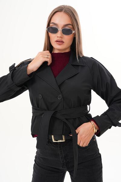 soi fashion Kuşaklı Astarlı Kısa Trençkot Siyah