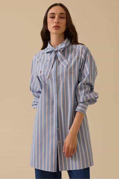 SEÇİL Γυναικείο πουκάμισο με λεπτομέρεια από πέτρα με φουλάρι - Μπλε