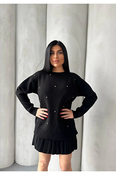 URİS Set de tricotaje din două piese pentru femei, cu broderie cu piatră de p...