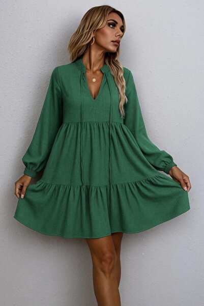 Mossta Collar Tie-Up Long Sleeve Linen Dress - Green