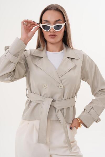 soi fashion Belted Lined Short Trench Coat Stone