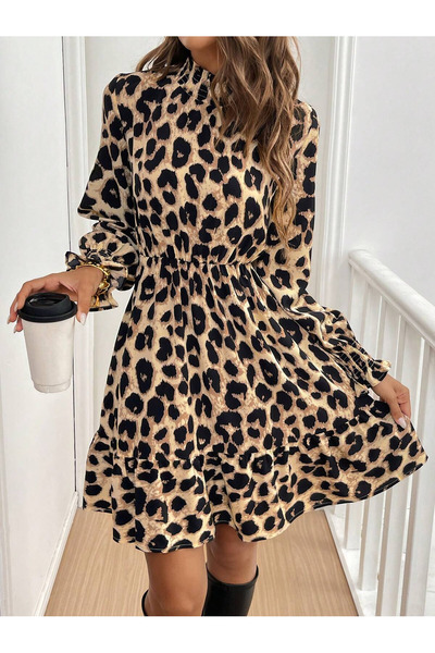 JANES Kadın Uzun Kollu Yarı Balıkçı Yaka Leopar Desenli Modal Mini Elbise