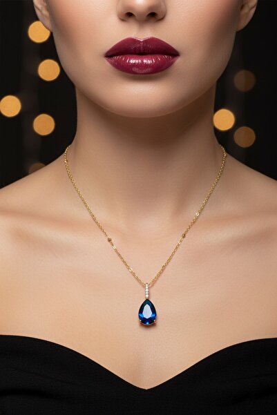 X-Lady Accessories Altın Renk Sıra Taşlı Lacivert Damla Model Sf Zincir Çelik...