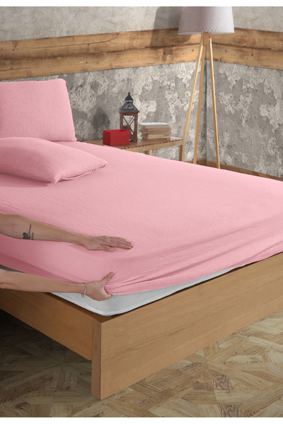 destinyhometex 100% Cotton 2-Layer Muslin Fitted Sheet and 2 Pillowcases / Single - Double - King Size