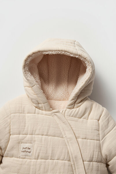 Magu Unisex Baby Organic Cotton Ecru Quilted Winter Jumpsuit - Hooded