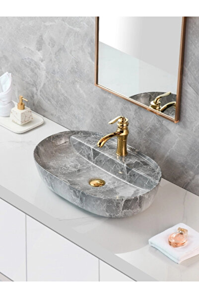 yediyapı Mermer Desenli Tezgah Üstü Seramik Çanak Lavabo Banyo Lavabosu