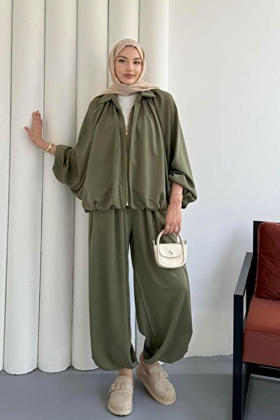 Modaensarbutik Saten Görünmlü Bomber Ceket Pantolon Tesettür Takım-HAKİ YEŞİL