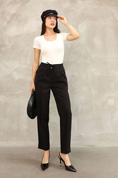 lodmela Tie-detailed elastic waist fabric pants 6171-black