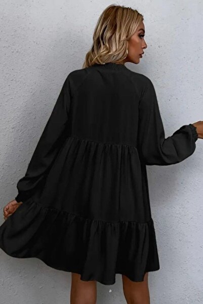Mossta Collar Tie-Up Long Sleeve Linen Dress - Black