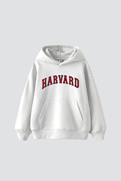 Sekizbiraltı Harvard V2 Baskılı Oversize Unisex Beyaz Hoodie