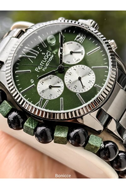 Ferrucci Men's Wristwatch, with Calendar, Functions Active, Green Smoke Steel Band, with Bracelet Gift
