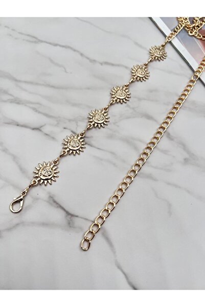 EMR Official حزام نسائي، حزام معطف، حزام خصر، حزام بسلسلة، مع تصميم ذهبي/شمس.