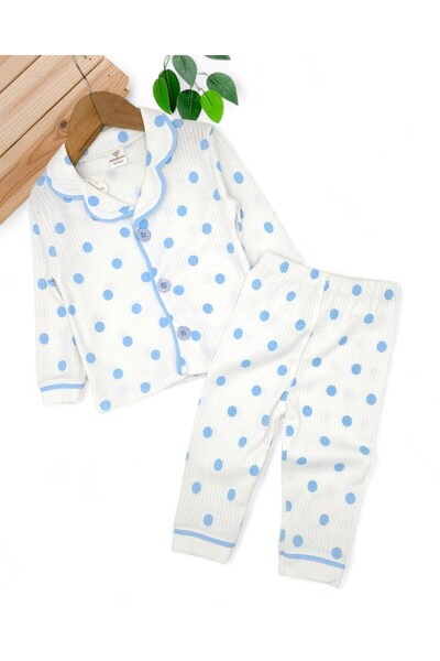 voyyo kids baby Erkek Bebek Mavi Puantiyeli 3-18 Ay Kruvaze Yakalı Fitilli Şirin Gecelik %100 PAMUK