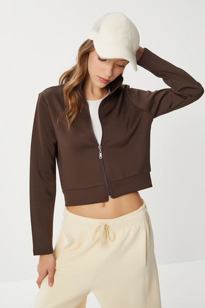 Lovelyİstanbul Fermuarlı Crop Scuba Örme Sweatshirt LPX0003 KAHVERENGİ
