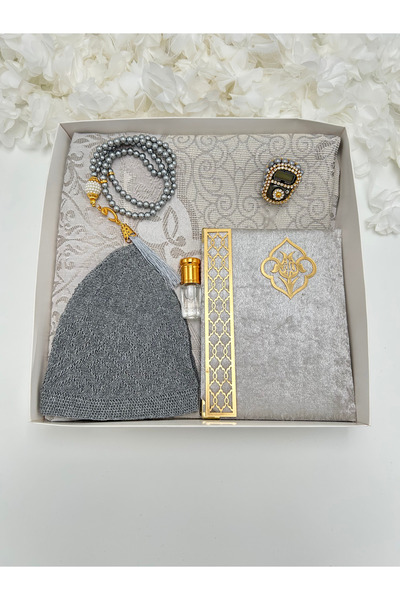 lenagiftworkshop 6 Parça GRİ Erkek Bohça Takımı ( Seccade - Tesbih - Koku - Takke - Zikirmatik )