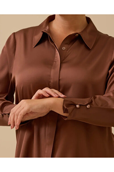 Galaxia Women's Plus Size Buttoned Satin Shirt - Brown