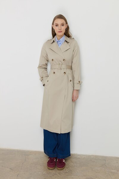 Nihan Kuşaklı Kruvaze Trençkot Taş