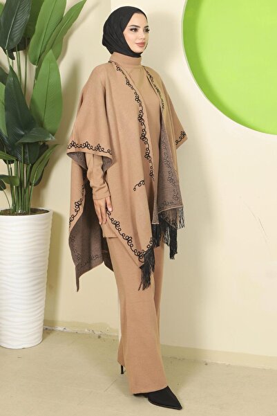 hafsamina Σετ τριπλών πλεκτών ενδυμάτων με μοτίβο αλυσίδας Camel HM2815