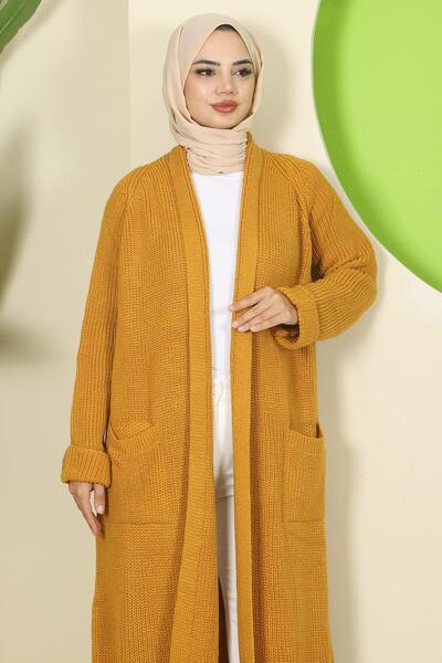hafsamina Shawl Collar Pocketed Knitwear Cardigan Mustard Hm2243