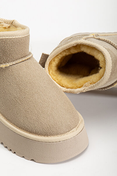 RİSSOLİ Γυναικείες μίνι μπότες με χοντρή σόλα με επένδυση από γούνα σε μπεζ σουέντ