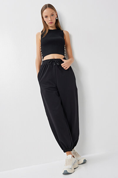 Lovelyİstanbul Bol Rahat İki İplik Örme Eşofman Altı LEN0034 SİYAH