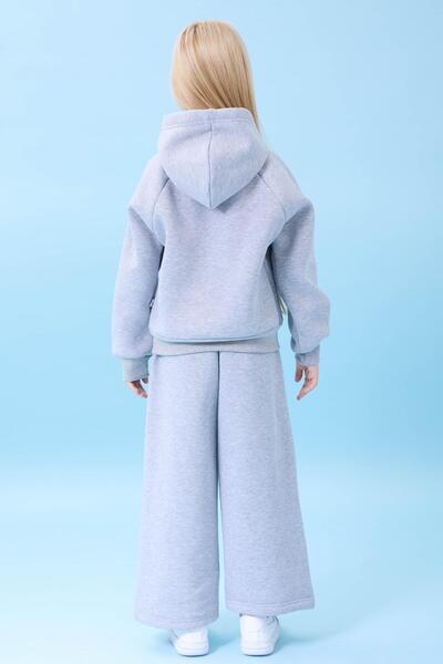 Perendi Χειμερινό κοστούμι για κορίτσια με κουκούλα, φλις εσωτερικά, κέντημα γάτας, γκρι