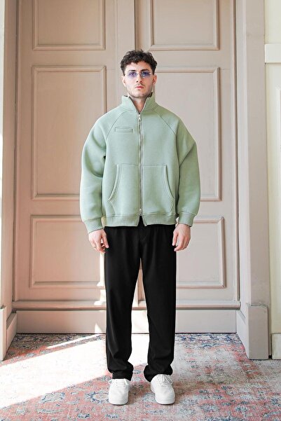 HAFKAGİYİM Ice Green Cozy Basic Φούτερ με διπλό φερμουάρ Oversize