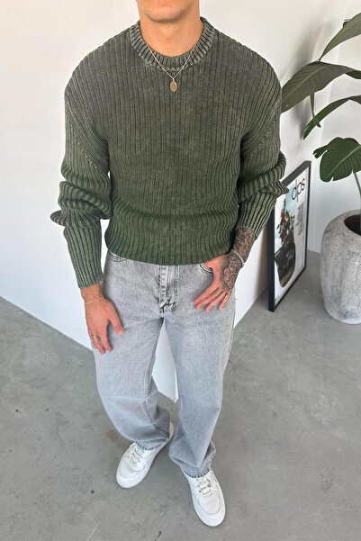 HAFKAGİYİM Khaki Acid Wash Ribbed Oversize Knit Sweater