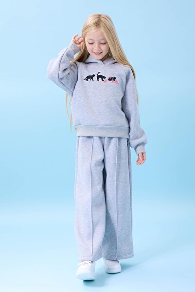 Perendi بدلة شتوية للفتيات بغطاء للرأس مبطنة بالصوف مع تطريز على شكل قطة باللون الرمادي