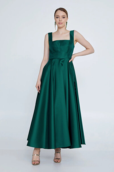 DORİDORCA Women's Square Neck Thick Strap Ankle Length Satin Evening Dress 6098 Green