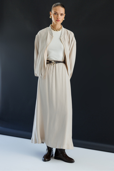 Mizalle Modal Karışımlı Taş Rengi Beli Lastikli Maksi Etek