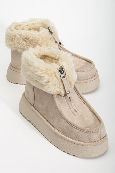 RİSSOLİ Dámské béžové semišové mini boty s kožešinou uvnitř, silnou podrážkou a detailem na zip