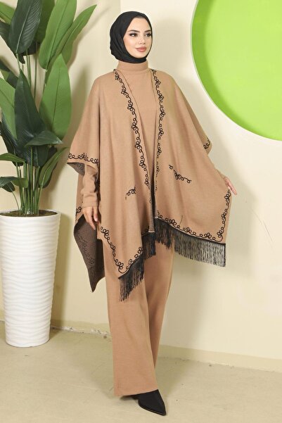 hafsamina Σετ τριπλών πλεκτών ενδυμάτων με μοτίβο αλυσίδας Camel HM2815