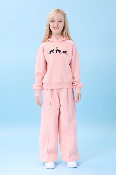 Perendi Χειμερινό κοστούμι για κορίτσια με κουκούλα, φλις εσωτερικά, κέντημα γάτας και στρογγυλό κορδόνι Yavruağzı