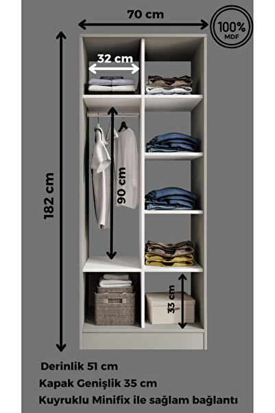 MORİVA HOME %100 MDF 2 Kapaklı 7 Raflı ve 1 Askı Borulu Elbise Dolabı Meşe-So...