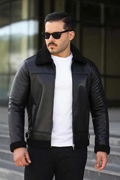 Boymen Ανδρικό δερμάτινο παλτό Χειμερινό δερμάτινο μπουφάν αντιανεμικό με γούνα