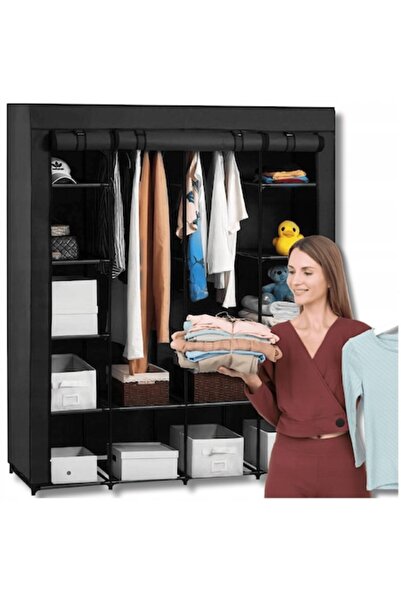 OMNA Dulap textil flexibil, XXL, negru/gri, 14 rafturi, 2 umerașe, închidere ...