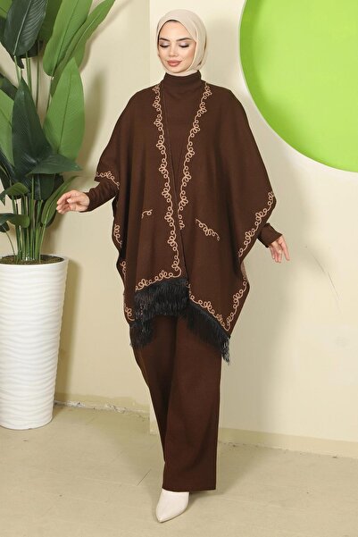 hafsamina Σετ τριπλών πλεκτών ενδυμάτων με σχέδιο αλυσίδας καφέ HM2815